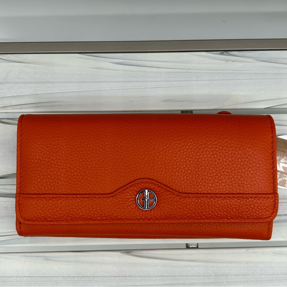 GIANI BERNINI soft core Pebble Leather accordion Receipt Wallet in orange NEW